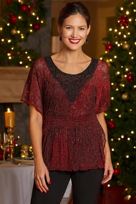 HeartSoul Red Sheer Lace Sequin Holiday Party Black Trim Boho Festival Top, XL - Image 1 of 4