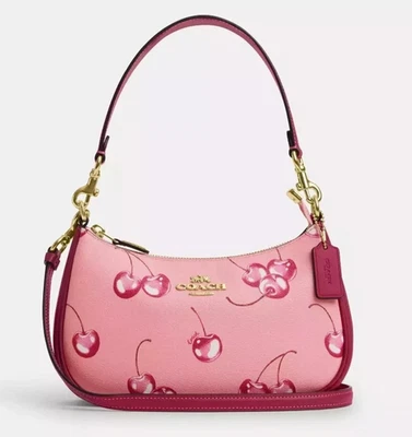 Bolso de Hombro COACH Teri 2 Vías Rosa Lona Cuero Estampado Cereza CR290 Outlet Nuevo Foto 1 de 4