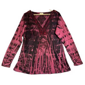 One World Tunic XL Pink Black Beads Sequins V Neck Babydoll Boho Peasant Hippie - Picture 1 of 10