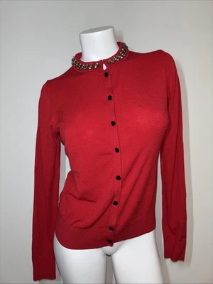 Suéter Cárdigan Ann Taylor Rojo Adornado Cuello Joya Nuevo con Etiquetas Talla Mediana Fiesta Foto 1 de 4
