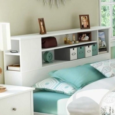 White Full Queen Bookcase Headboard Wooden Storage Shelves Bedroom Furniture - Image 1 of 4