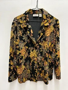 Chicos Travelers Embroidered Black Floral Long Sleeve Button Blouse Top sz 1 - Picture 1 of 7