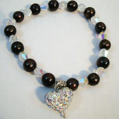 Chocolate/Coffee Freshwater Pearls A/B bicones puffy heart pet cat dog necklace - Image 1 of 4