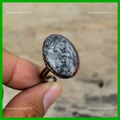 Oval Natural Pinolith Jasper Copper Bezel Stackable Electroformed Ring Jewelry - Image 1 of 4