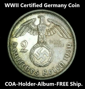 Rare WWII German 2 Reichsmark SILVER Coin CERTIFIED, Mini Album,Holder, COA Incl - Picture 1 of 6