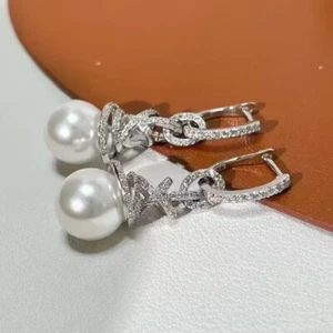 gorgeous 10-11mm south sea round white pearl dangle earring 925s(t) - Picture 1 of 3