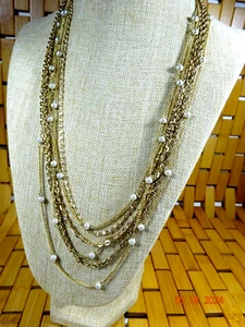 Vintage Coro 6 Multi Layer Strand Gold Tone Faux Pearls & Chains Necklace 26” - Picture 1 of 8
