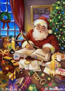 Limited Edition ACEO PRINT Santa Claus Christmas Letters List Cute M Mishkova - Picture 1 of 1