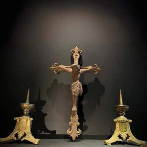 French Vintage Hand carved Wood Church/Alter Crucifix with Fleur de lys and Quat - Picture 1 of 6