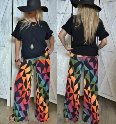 Nova CALÇA PALAZZO CIGANA BOÊMIA ARCO-ÍRIS GEOMÉTRICA PRETA JUp EUA Feminina P M G - Imagem 1 de 4