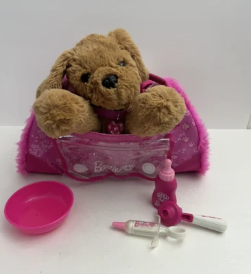 2010 Barbie Barking Plush Dog with Pet Carrier, Collar, Bottle, Thermometer Dish - Image 1 of 4