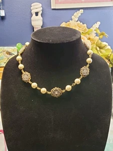 Charter Club goldfarbene Kristall & Perlenimitat geplatzt Statement Halskette 17" - Bild 1 von 13