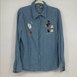 Vintage Fall Creek Halloween Embroidered Denim Shirt Ghost Witch Pumpkin Size L - Picture 1 of 8