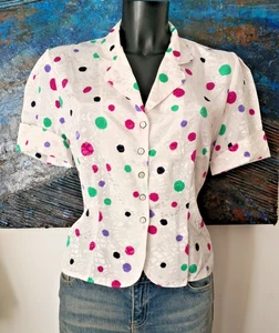 Vintage 90'S Fitted Blouse SARAH B. White With Multicolored Dots Size 38 FR - Picture 1 of 11