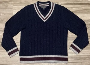 Size M - Brooks Brothers Scottish Lambswool Cable Knit Sweater V Neck Blue - Picture 1 of 5