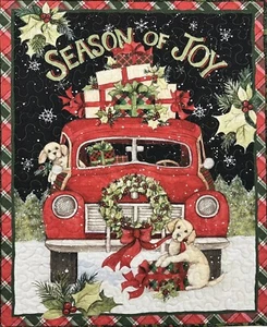 Christmas Quilt, Season of Joy Puppies Red Truck Wall Hanging Handmade Lap Quilt - Picture 1 of 11