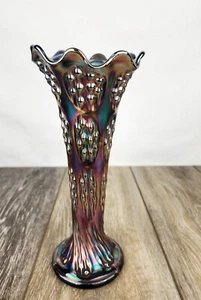 Fenton Cobalt Blue Iridescent Carnival Glass Swung Vase with Knotted Bead Design - Picture 1 of 8
