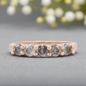 Five Salt And Pepper Round Diamond Wedding Band Silver/10K/14K/18K Gold Band - Picture 1 of 7