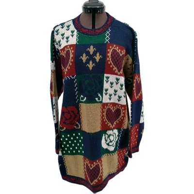 Suéter Vintage Dana Scott Rojo Azul Verde Blanco Corazón Flor Para Mujer Talla Mediana Foto 1 de 4