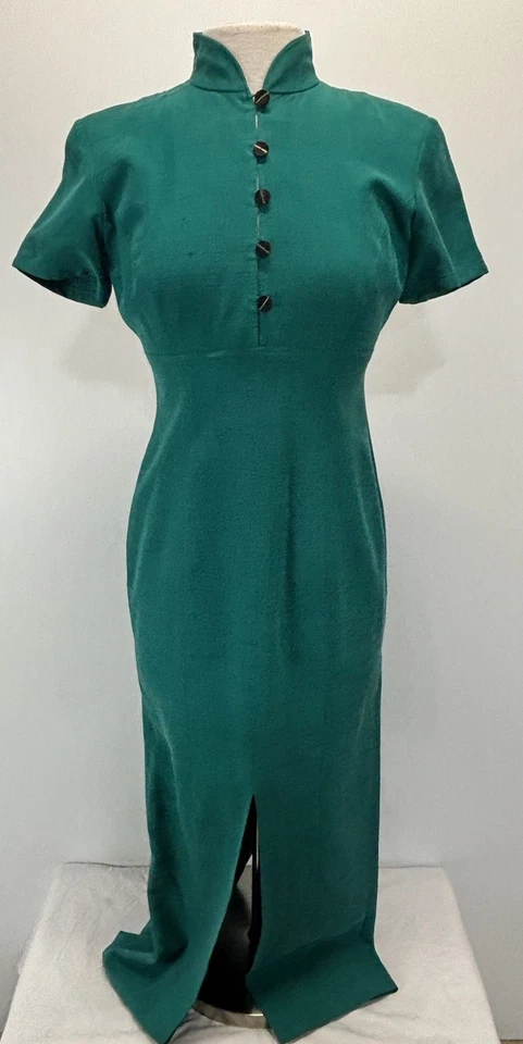 Maxi Vestido De Colección Dana Buchman Seda Talla 4 Verde Esmeralda Frontal Trasero Aberturas Clásico Foto 1 de 4