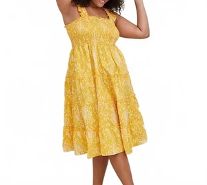 Abito donna TORRID taglie forti 2 16 giallo stampa fiori fumè damigella contadina - Foto 1 di 6