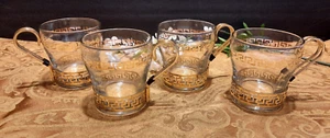 4 tazas de café vintage Libby Greek Key de vidrio con soportes de metal - Imagen 1 de 8
