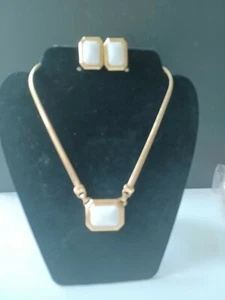 Monet Necklace & Clip On Earrings Set Goldtone & White Stones snake chain - Picture 1 of 6