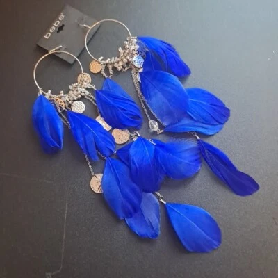 BEBE Hoop Oversized Feather Crystal Long Earrings Blue Boho Festival Western - Image 1 of 4