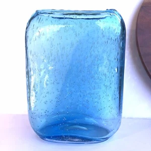 Hand Blown Aqua Blue Glass Vase With Controlled Bubble Design And Rippled Edge - Picture 1 of 10
