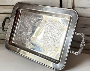 Vintage Leonard Silverplate Rectangular 13.5”x 9.75” Footed Tray With Handles