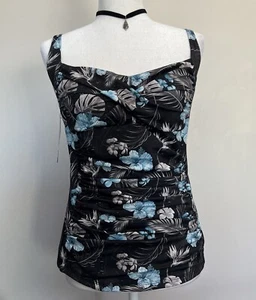 Hapari Size L Slimming Tankini Top Black & Blue Hibiscus Print Shirred New NWT - Picture 1 of 23