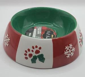 NEW Woof Ceramic Mistletoe Pawprint Christmas Pet Dog Holiday Bowl Dish - Picture 1 of 7