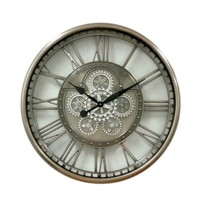 Round Industrial Silver Wash Iron Moving Gears Wall Clock 70cm - Picture 1 of 11