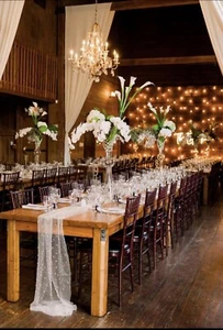 4 Table Runners: Tulle, Ivory, Glitter, Pearls, Sheer. 8 Yards Each, 20” Wide - Picture 1 of 6