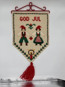 Vintage skandinavischer Kreuzstich Nadelspitze Wandbehang Gott Jul 2 Personen - Bild 1 von 23
