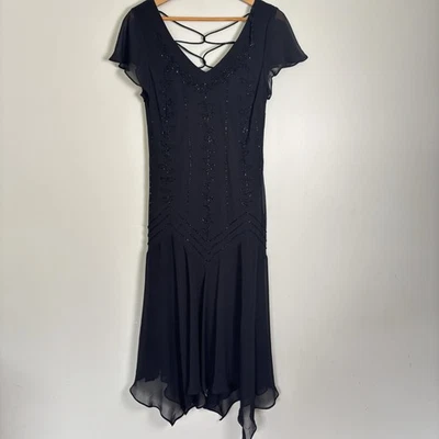 Винтажный 90-х S.L. Мода черный бисером шифоновое макси платье-16-Gatsby/фея/причудливый - Изображение 1 из 4