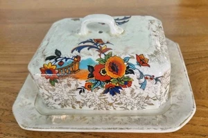 Empire Ware Floral Butterdose & Deckel. Elfenbein Glasur. Briefmarke '7 England 32'. A/F.  - Bild 1 von 19