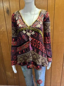 Free People Boho V-Neck Long Sleeve Tunic Top w/ Bell Sleeves Colorful Hippie XS - Picture 1 of 7