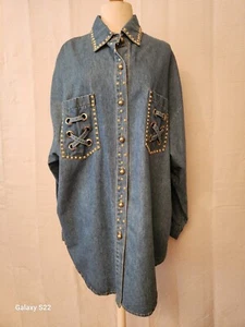 La Costa Spa Womens Jean Denim Button Down Gold Studded Top Size X Large - Picture 1 of 19
