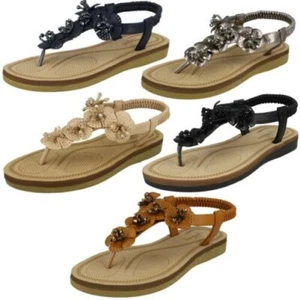 Ladies Savannah Beaded Flower Trim Sandals F0R0099 - Picture 1 of 6