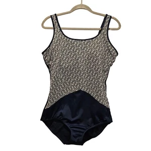 Land's End One Piece Womens 14DD Blue geometric compression tummy panel Cruise P - Picture 1 of 7