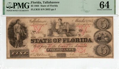 FL CR-35 1864 $5.00 Florida Paper Money - PMG Choice Uncirculated 64! - Image 1 of 2