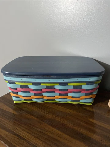 "LONGABERGER" 2017 Multi-color Small Stow Away Basket Set - lid & protector RARE Cover