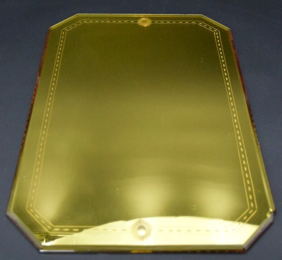 YELLOW ETCHED MIRROR VANITY DRESSER TRAY 21" X 14" CHIPPED CORNER/EDGE - Image 1 of 4