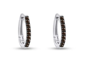 1/7ct Brown Real Natural Diamond Huggies Hoop Earrings 14k Solid Gold - Picture 1 of 21