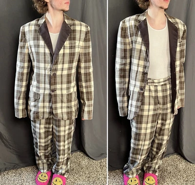 Blazer calça vintage Marc Jacobs 2 peças terno xadrez masculino tamanho P 30" marrom por volta de 07 - Imagem 1 de 4