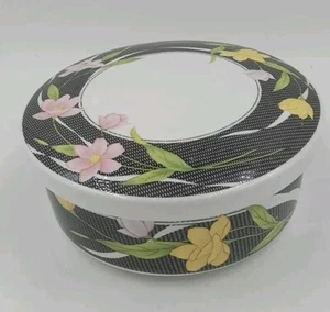 Korean Lidded Round Dish W/pink & Yellow Flowers Vanity Jar Trinket Candy Dish - Picture 1 of 12