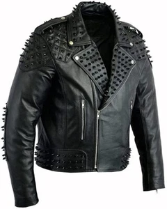 Men's Classic Black Cowhide Leather Motorbike Jacket Metal Spikes Biker Jacket - Foto 1 di 7