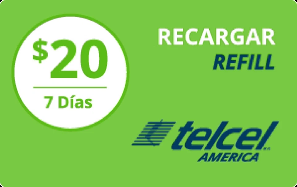 TelCel America  Prepaid $20 Refill Top-Up Prepaid Card ,PIN / RECHARGE  - Image 1 of 1