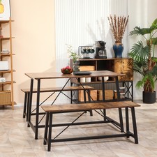 Industrial 3-Piece Dining Table Set, Rectangular Kitchen Table & 2 Benches